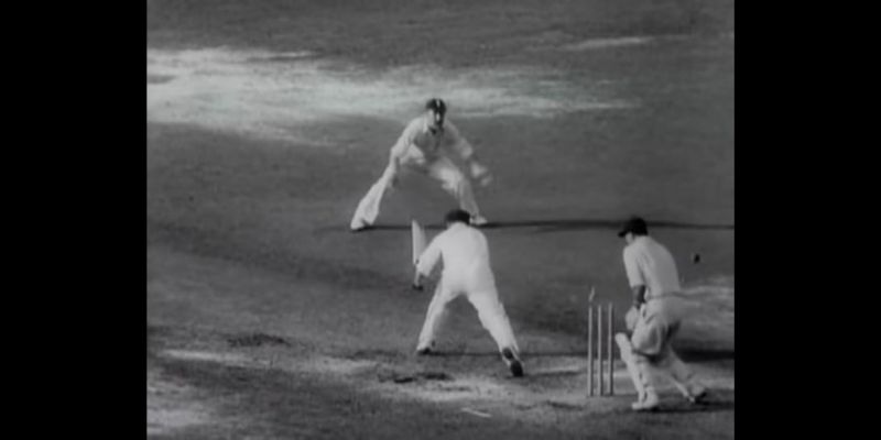 Bradman playing the last ball of his career