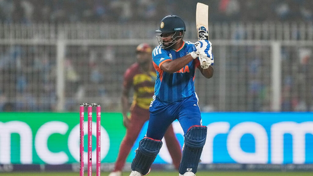Sanju Samson playing shot against West Indies